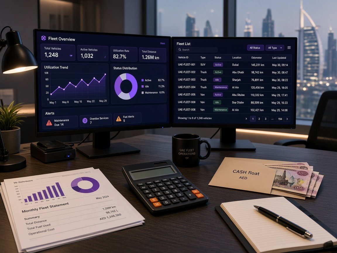 Fleet office desk with statements, cash and an operations dashboard