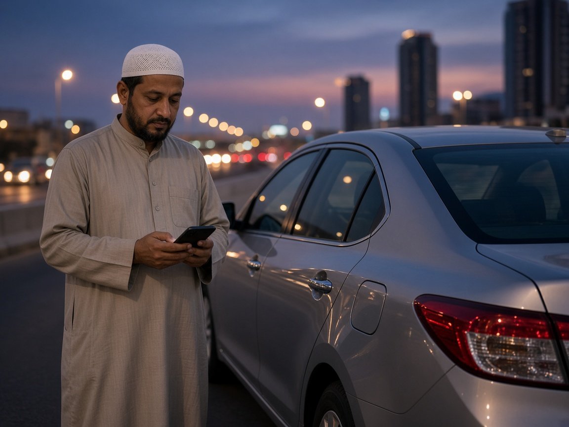 A captain beside an assigned sedan on a UAE evening